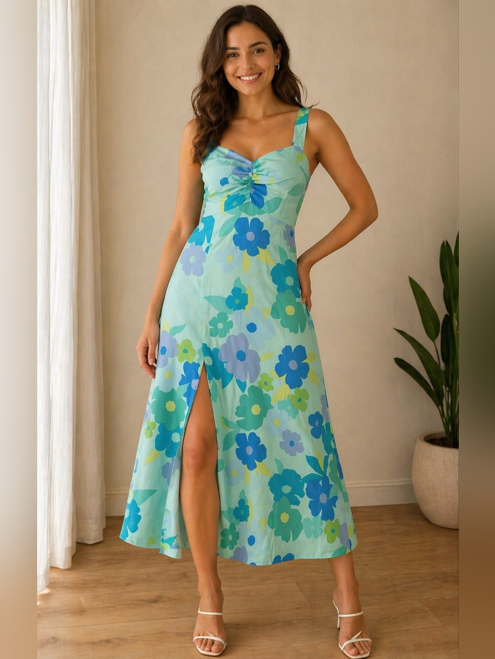 Show Me Your Mumu Mina Satin Flowy Maxi Dress Blue Piccadilly Floral Large NWT